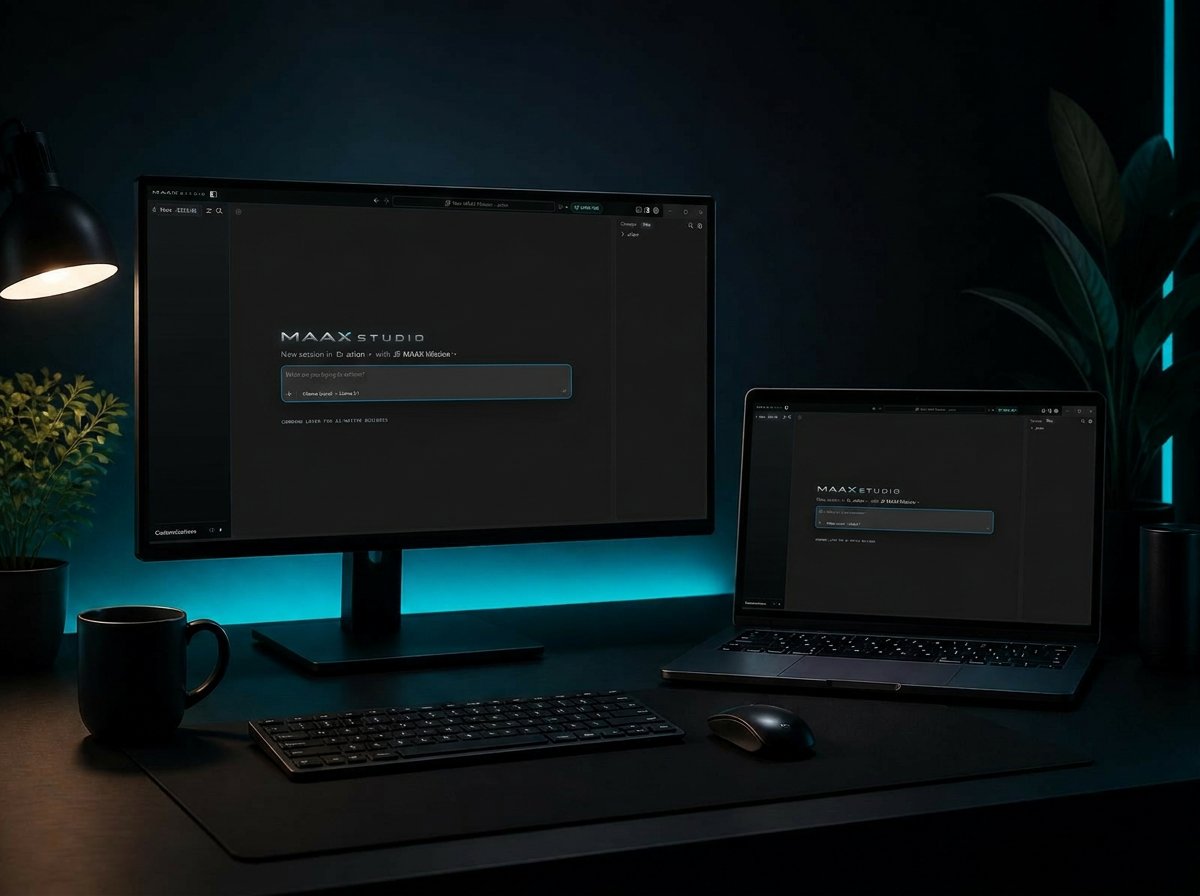 MAAX Studio agentic IDE shown on an external monitor and MacBook side by side